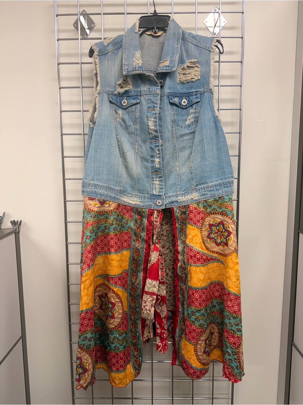 Rustic Raggs Patchwork Boho Maxi Skirt with Distressed Light Blue Denim Vest OOA